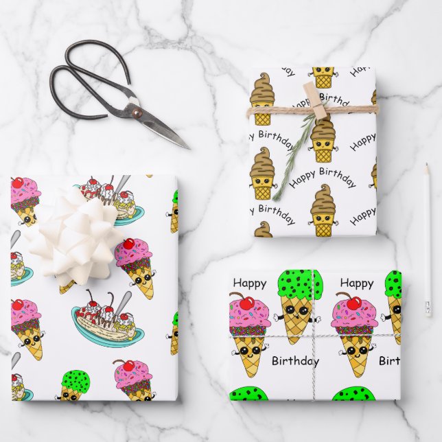 Ice Cream Themed Birthday Party Wrapping Paper Sheet (Front)