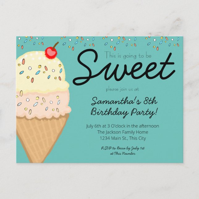 Ice Cream This is Going to Be Sweet Birthday Party Invitation Postcard (Front)