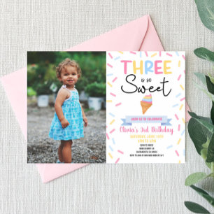 Ice Cream Three Is Sweet 3rd Third Birthday Party Invitation