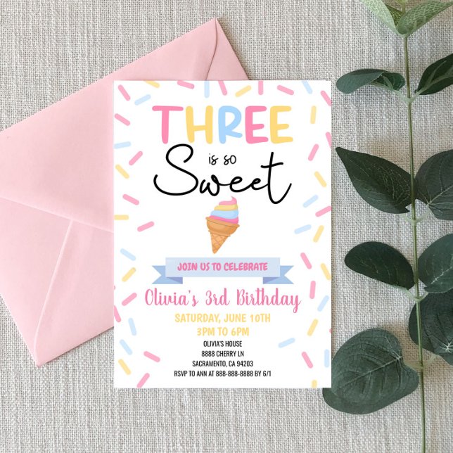 Ice Cream Three Is Sweet 3rd Third Birthday Party Invitation (Creator Uploaded)