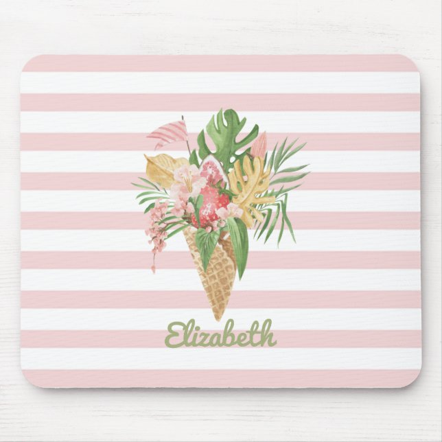  Ice cream,Tropical Leaves Fruit,Pink Stripes   Mouse Mat (Front)
