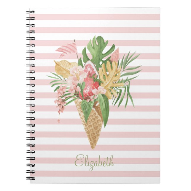  Ice cream,Tropical Leaves Fruit,Pink Stripes  Notebook (Front)