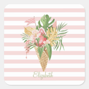  Ice cream,Tropical Leaves Fruit,Pink Stripes  Square Sticker