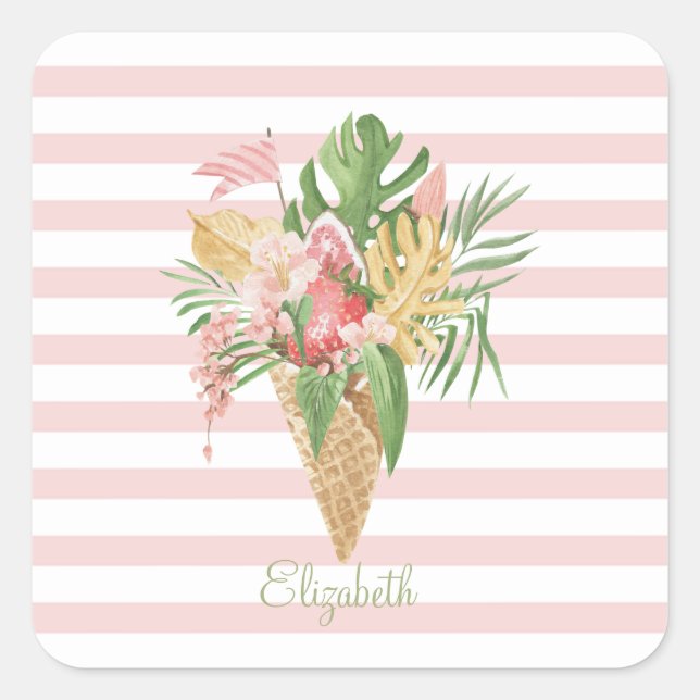  Ice cream,Tropical Leaves Fruit,Pink Stripes  Square Sticker (Front)