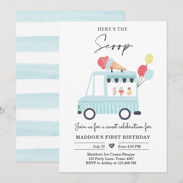 Ice Cream Truck 1st Birthday Invite Boy Scoop  (Front/Back)