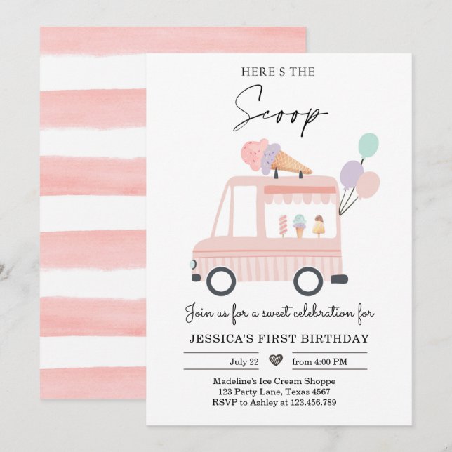 Ice Cream Truck 1st Birthday Invite Pink Scoop  (Front/Back)