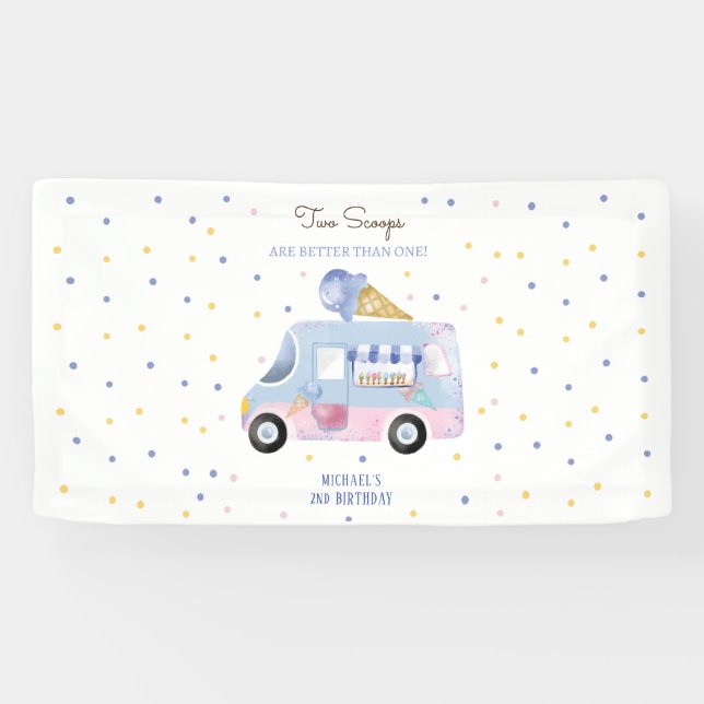 Ice cream truck 2 scoops second birthday banner (Horizontal)