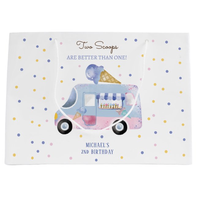Ice cream truck 2 scoops second birthday large gift bag (Front)