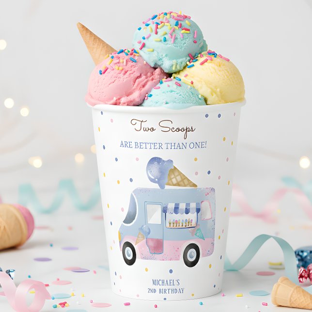 Ice cream truck 2 scoops second birthday paper cups (Creator Uploaded)
