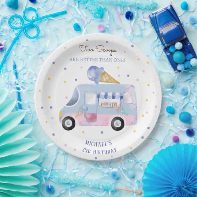 Ice cream truck 2 scoops second birthday paper plate (Party)