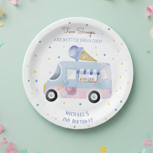 Ice cream truck 2 scoops second birthday paper plate