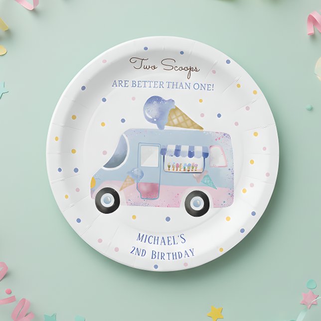 Ice cream truck 2 scoops second birthday paper plate (Creator Uploaded)