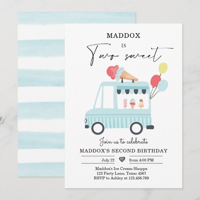 Ice Cream Truck 2nd Birthday Invite Boy Two Sweet (Front/Back)