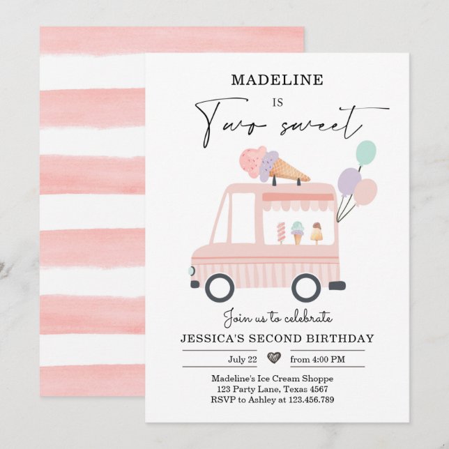 Ice Cream Truck 2nd Birthday Invite Pink Two Sweet (Front/Back)