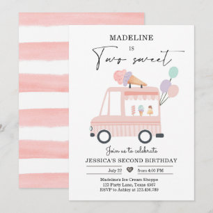 Ice Cream Truck 2nd Birthday Invite Pink Two Sweet