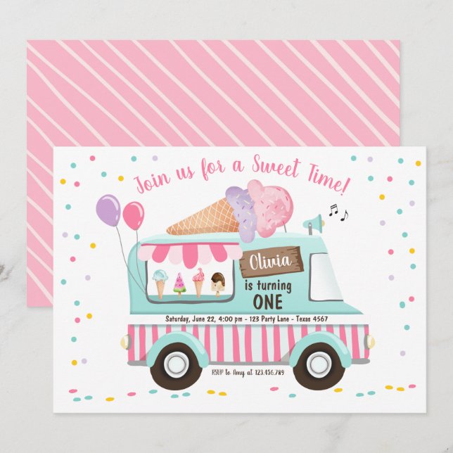 Ice Cream Truck Birthday Invitation Girl Pink (Front/Back)