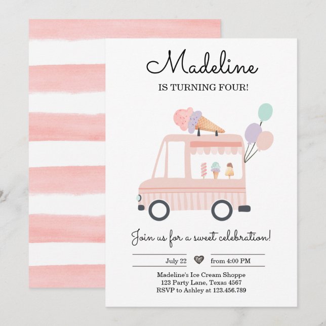 Ice Cream Truck birthday Invite Ice Pink Scoop  (Front/Back)