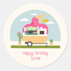 Ice Cream Truck Camper Girls Pink Birthday Classic Round Sticker