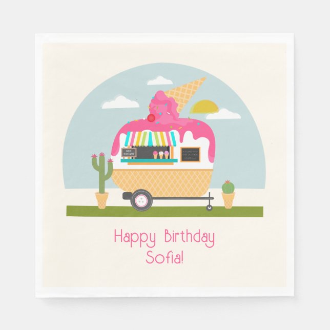 Ice Cream Truck Camper Girls Pink Birthday Napkin (Front)