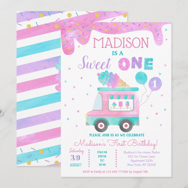 Ice Cream Truck First 1st Birthday Invitations (Front/Back)