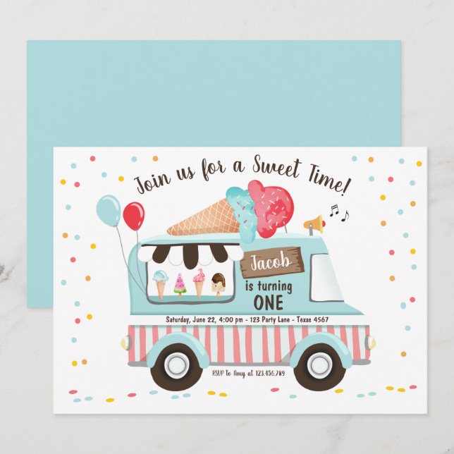 Ice Cream Truck First Birthday Invitation Boy Girl (Front/Back)