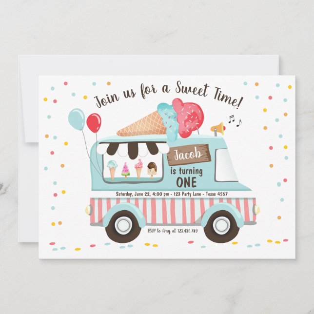 Ice Cream Truck First Birthday Invitation Boy Girl (Front)