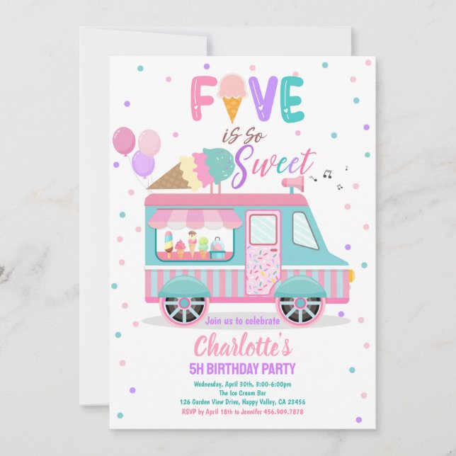 Ice Cream Truck Five is So Sweet 5th Birthday Invitation (Front)