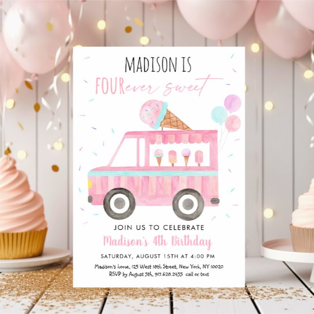 Ice Cream Truck Four Ever Sweet Birthday Invitation (Creator Uploaded)