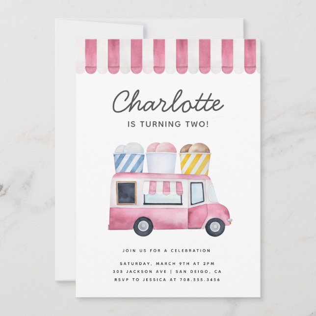 Ice Cream Truck Kids Birthday Party Modern Pink Invitation (Front)