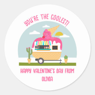Ice Cream Truck Pink Classroom Valentine  Classic Round Sticker