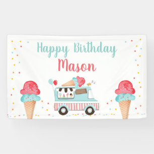Ice Cream Truck Red Blue Boy Birthday Backdrop Banner