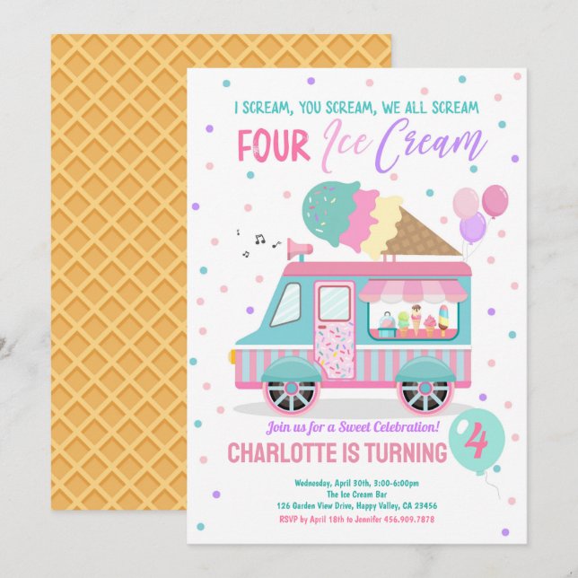 Ice Cream Truck Scream Four Ice Cream 4th Birthday Invitation (Front/Back)