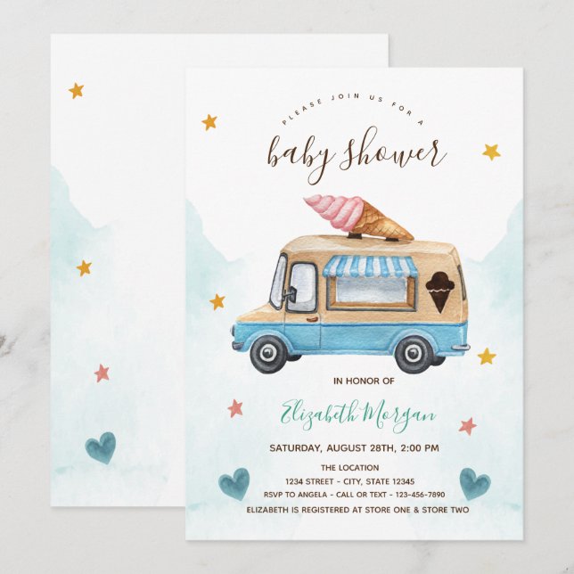Ice Cream Truck Stars Hearts Baby Shower   Invitation (Front/Back)