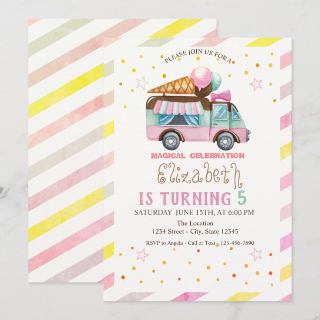 Ice Cream Truck Striped Birthday Invitation (Front/Back)