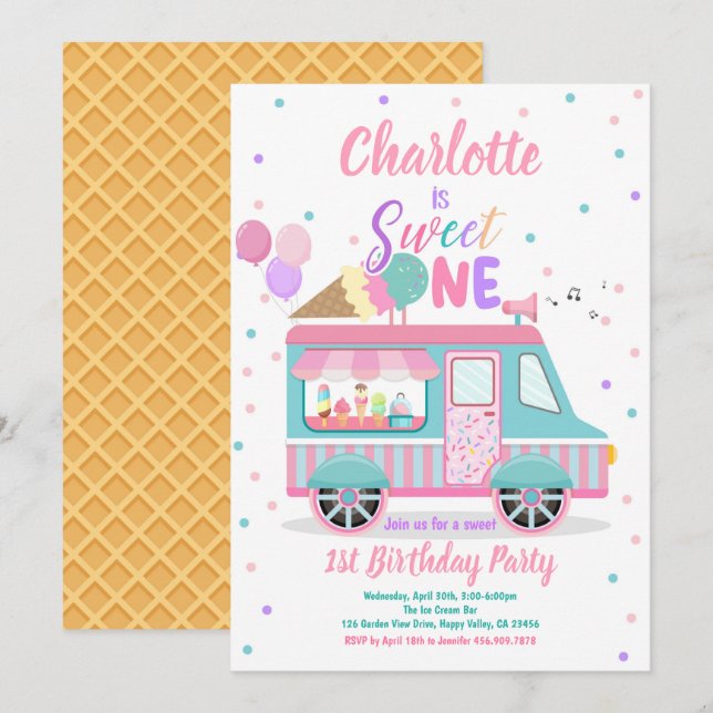 Ice Cream Truck Sweet One 1st Birthday Party  Invitation (Front/Back)