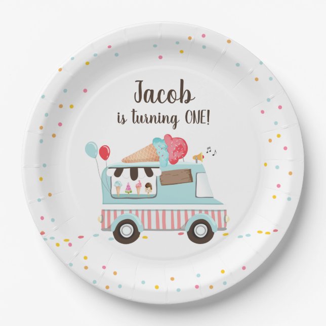 Ice Cream Truck Sweet Time Boy Birthday Party Paper Plate (Front)
