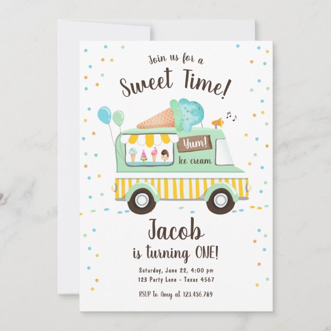 Ice Cream Truck Sweet Time Boy Mint Blue Birthday Invitation (Front)
