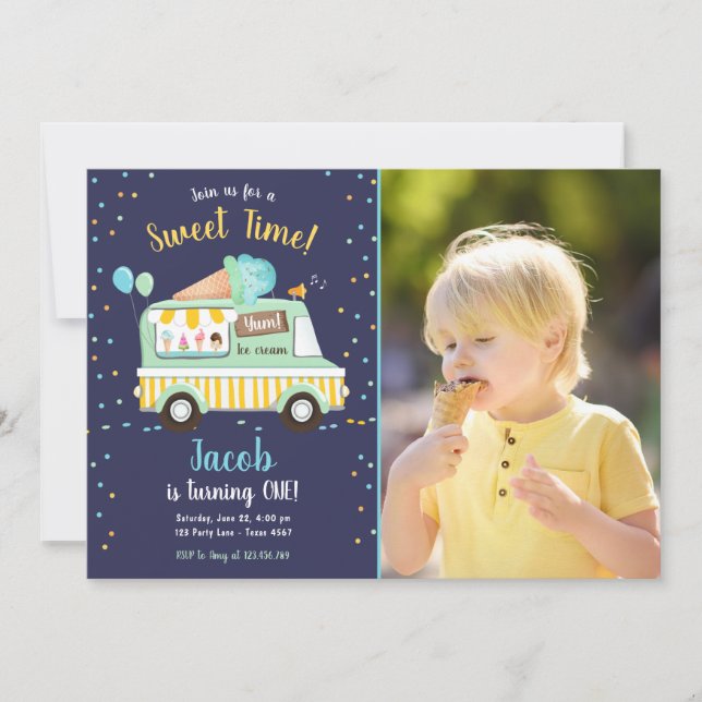 Ice Cream Truck Sweet Time Boy Mint Blue Birthday Invitation (Front)