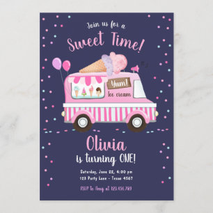 Ice Cream Truck Sweet Time Pink Girl Birthday Invitation