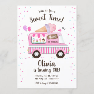 Ice Cream Truck Sweet Time Pink Girl Birthday Invitation