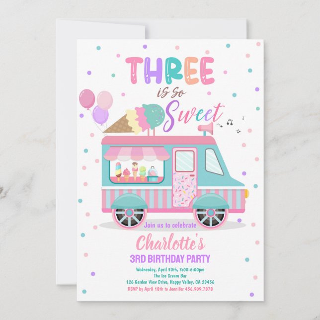 Ice Cream Truck Three is So Sweet 3rd Birthday  Invitation (Front)