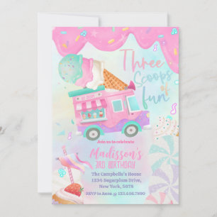 Ice Cream Truck Three Scoops Of Fun 3rd Birthday  Invitation