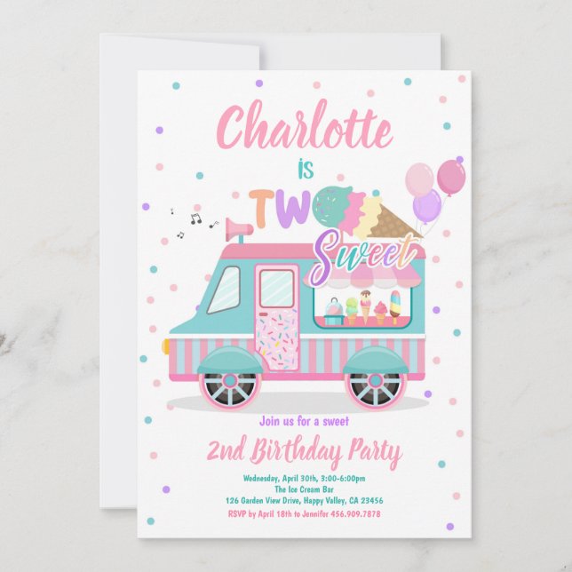 Ice Cream Truck Two Sweet 2nd Birthday Party  Invitation (Front)
