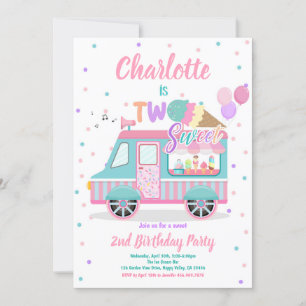 Ice Cream Truck Two Sweet 2nd Birthday Party  Invitation