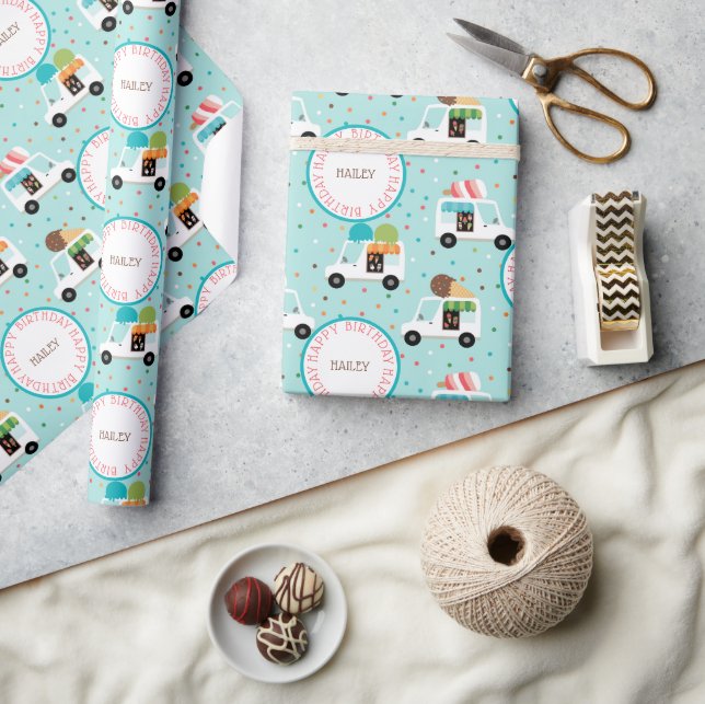 Ice Cream Trucks Happy Birthday Personalised Wrapping Paper (Crafts)