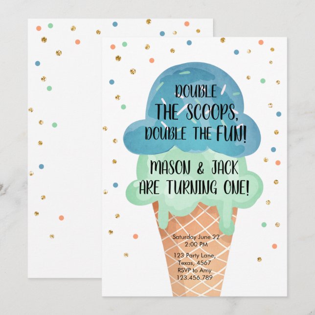 Ice Cream Twin Birthday Blue Mint Cone Confetti Invitation (Front/Back)