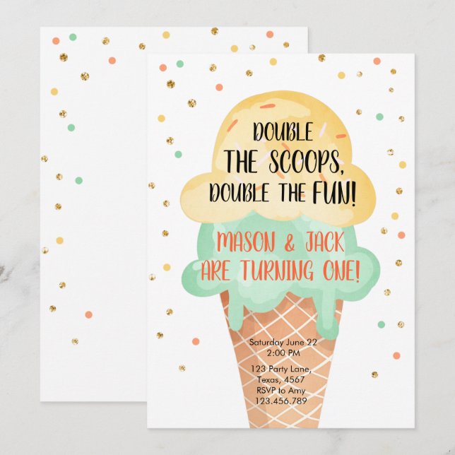 Ice Cream Twin Birthday Yellow Mint Cone Confetti Invitation (Front/Back)