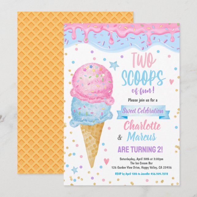 Ice Cream Twins Boy Girl Birthday Party Pink Blue Invitation (Front/Back)