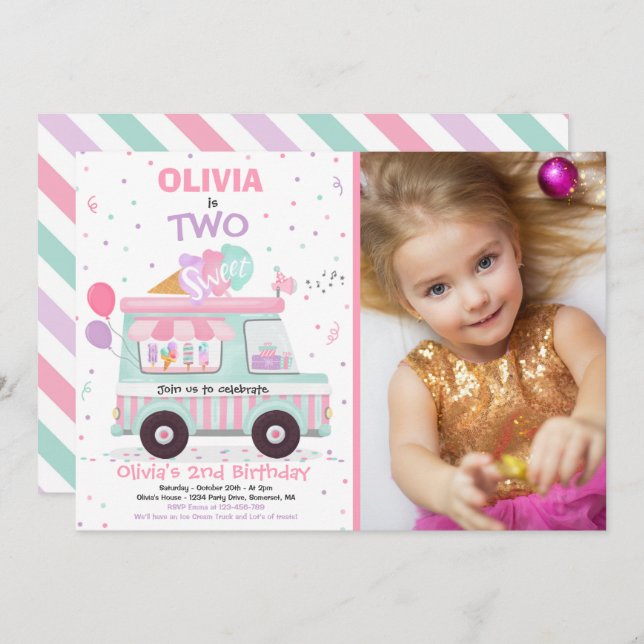 Ice Cream Two Sweet 2nd Birthday Ice Cream Truck I Invitation (Front/Back)