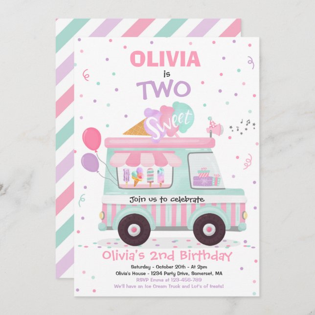 Ice Cream Two Sweet 2nd Birthday Ice Cream Truck Invitation (Front/Back)